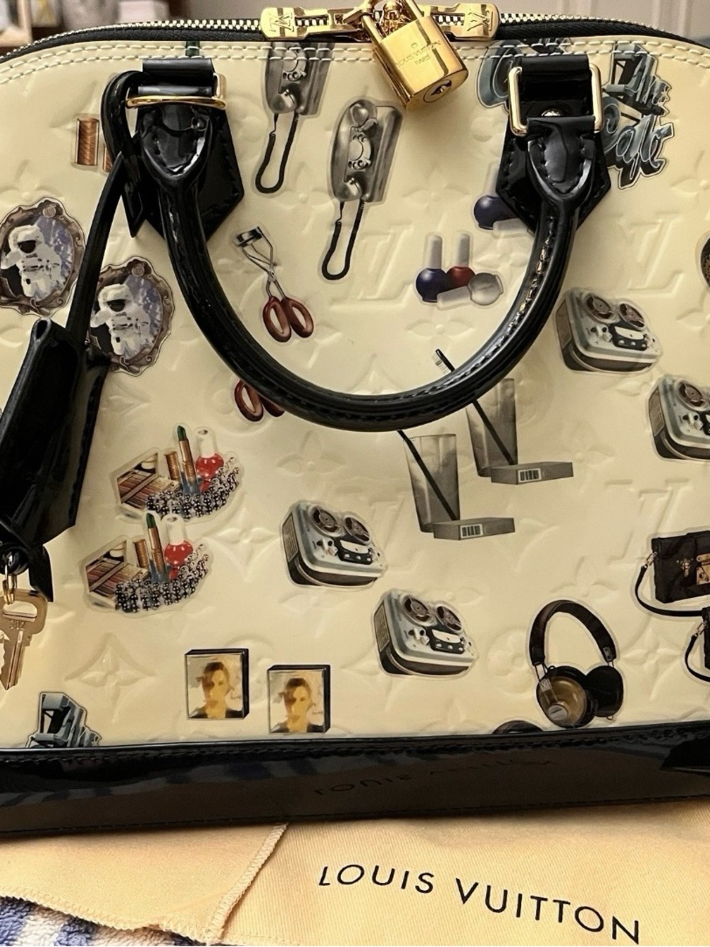 Louis Vuitton Cream and Black Patent Alma Satchel with Novelty Print
